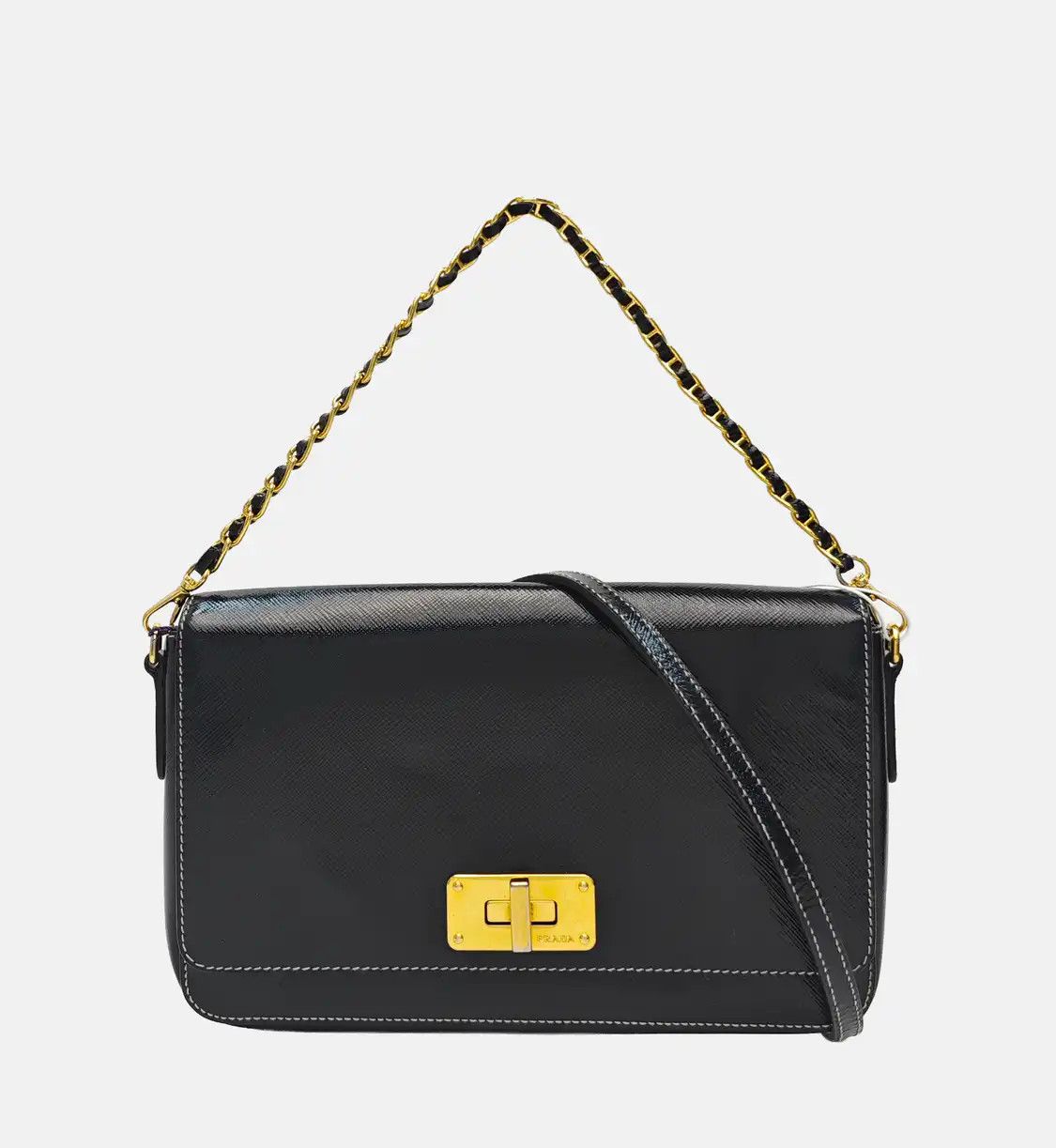 Prada PRADA black cowhide leather cross pattern shoulder bag handbag gold hardware 2 s Size ONE SIZE - 8 Thumbnail