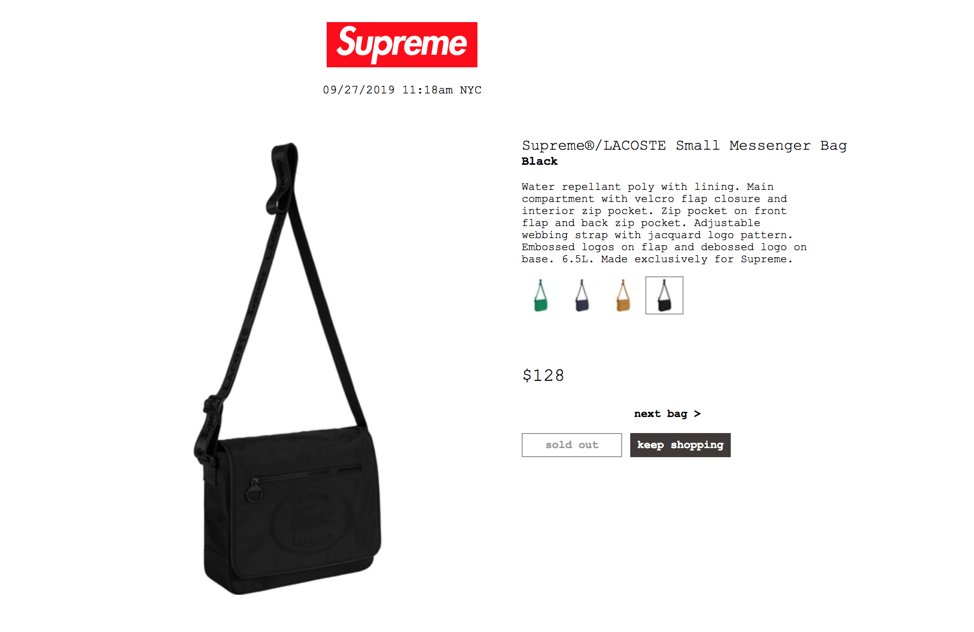 Supreme LACOSTE Small Messenger Bag Black