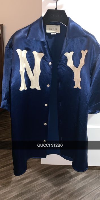 Gucci Navy Blue Satin New York Yankees Patch Bowling Shirt S at 1stDibs