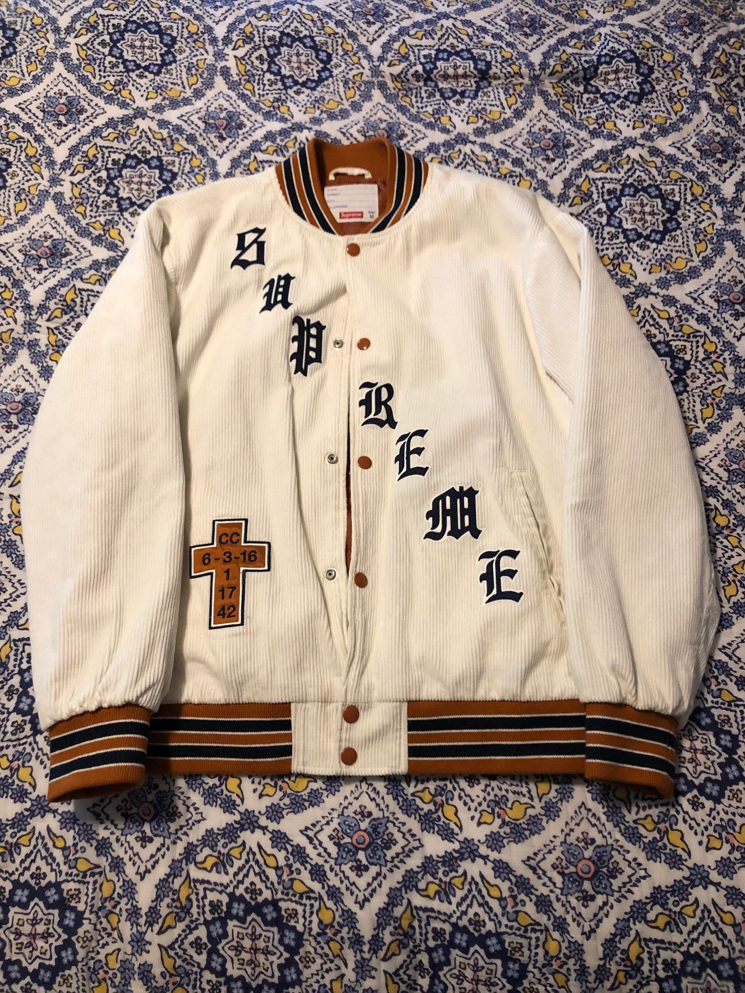 Supreme Supreme Old English Corduroy Varsity Jacket White | Grailed