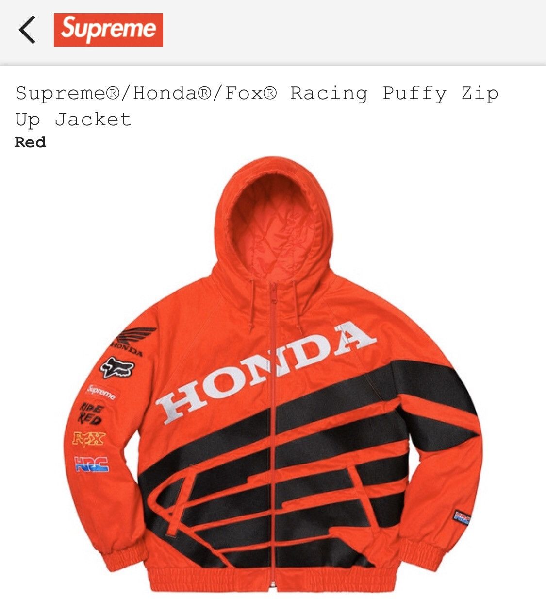 Supreme Supreme Honda Fox Racing Puffy Zip Up Jacket Dark