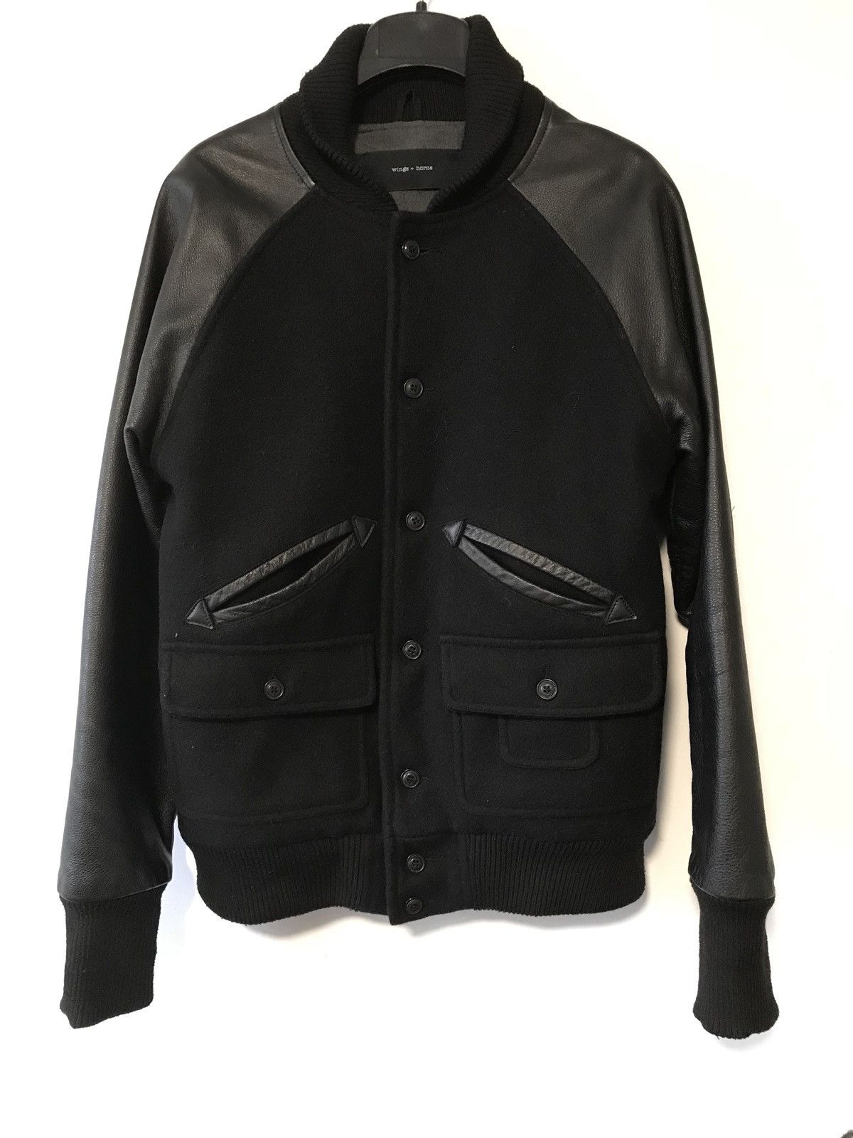 Wings + Horns Black Leather Wool Varsity Jacket | Grailed