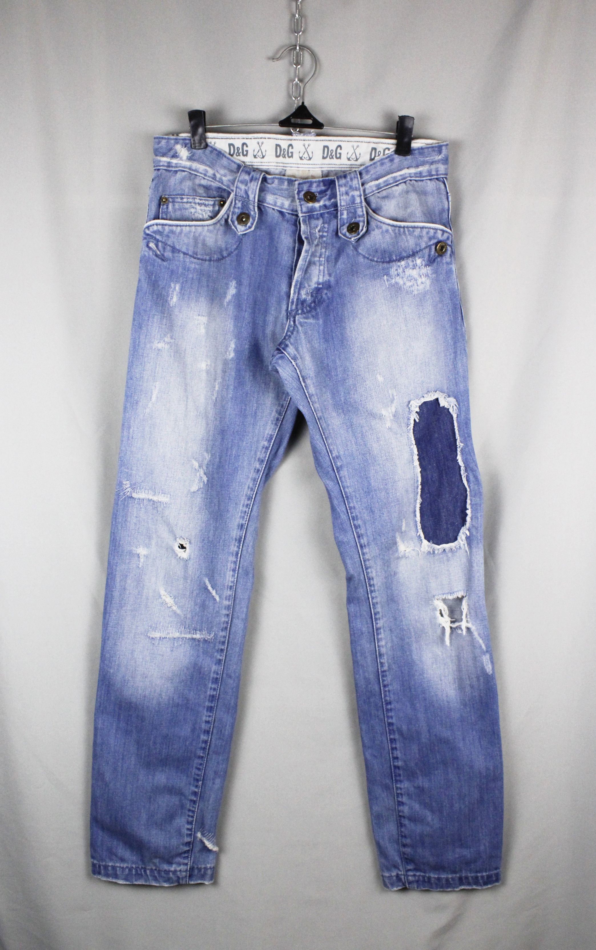 image of Dolce Gabbana "power" Sailing Distressed & Patched Pants in Blue, Men's (Size 30)