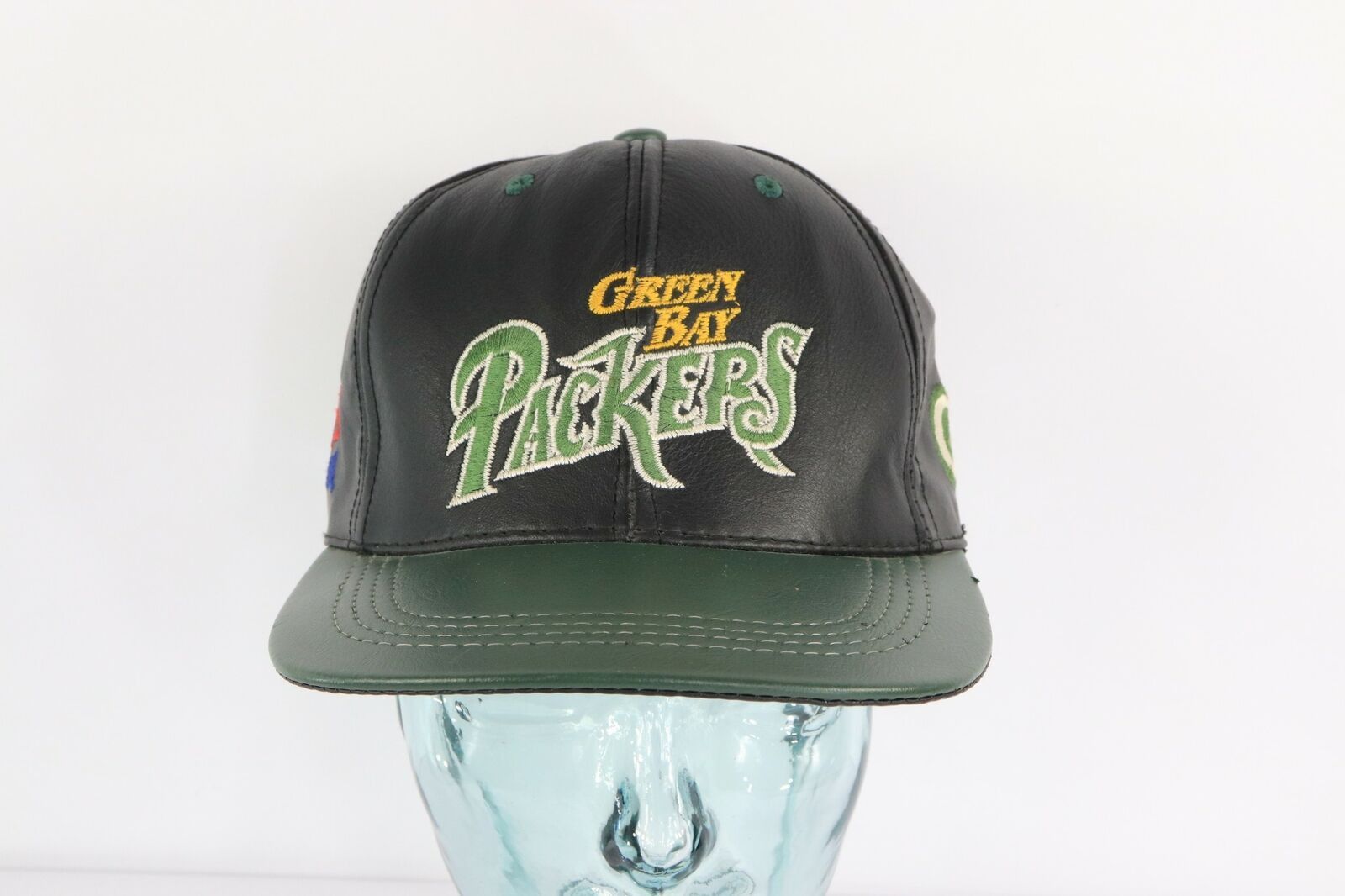 Vintage Mens Black Leather Green Bay Packers Trucker Hat 