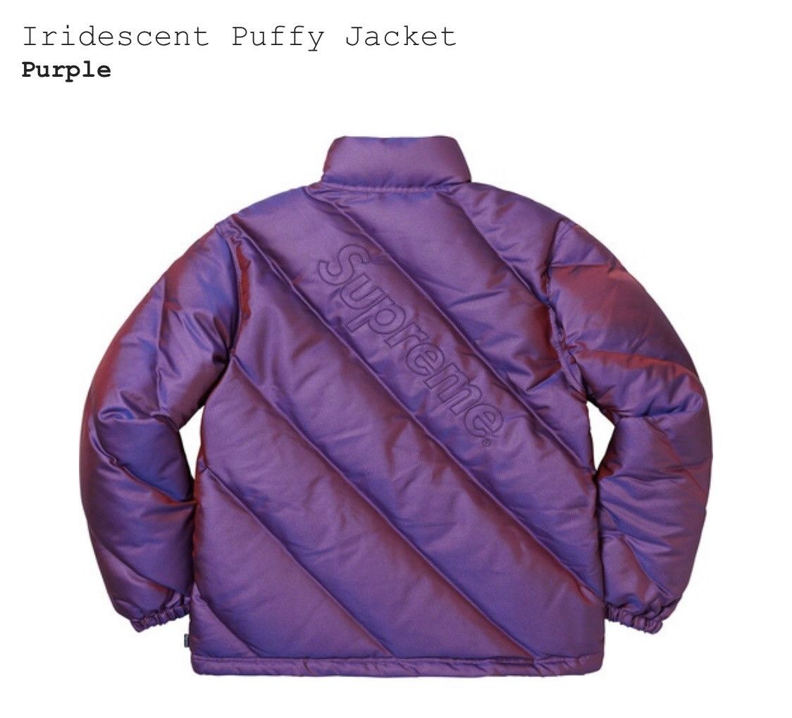 Supreme iridescent hot sale puffy jacket purple