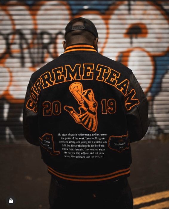 Supreme team hot sale varsity jacket 2019