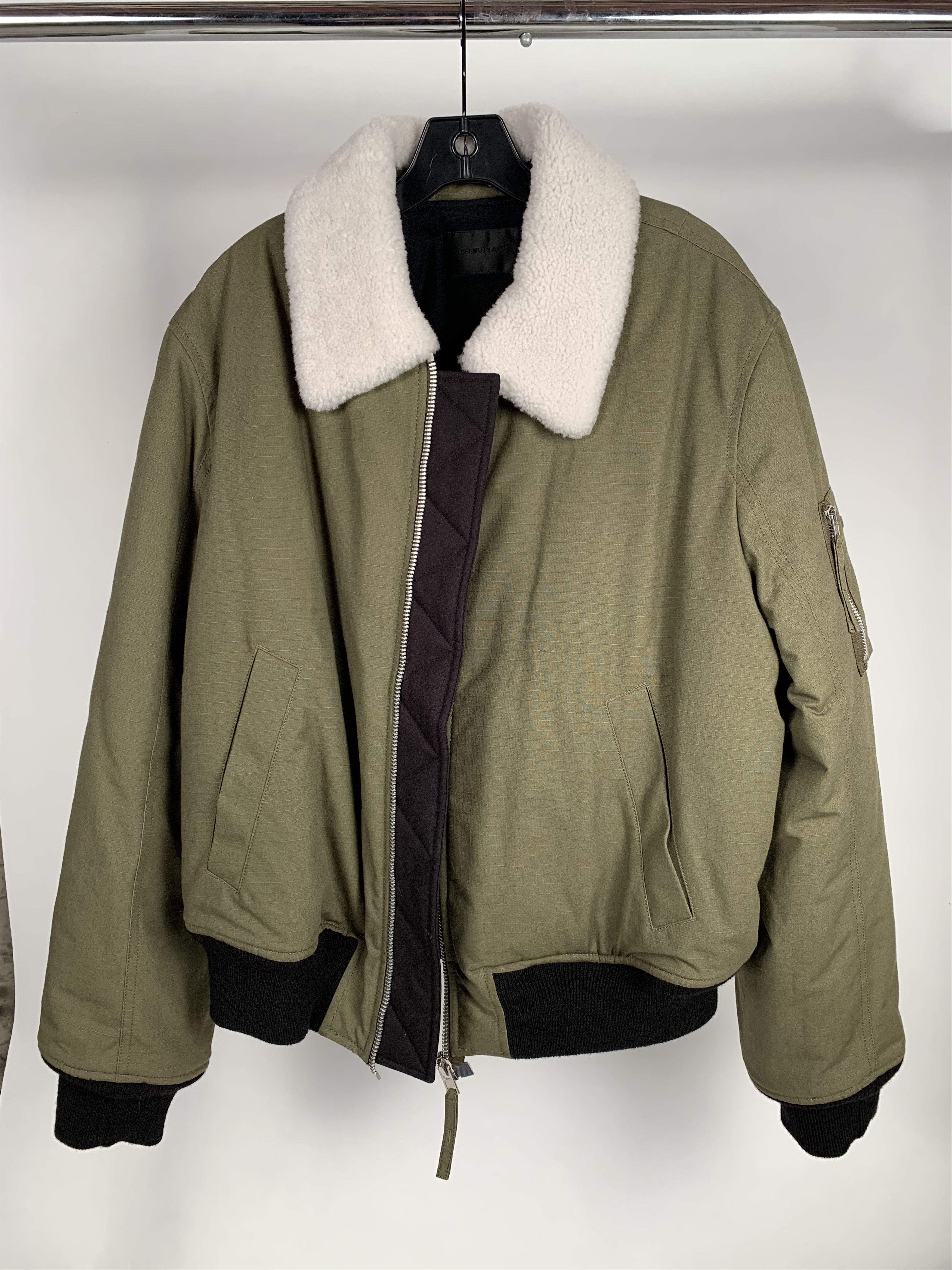 image of Helmut Lang Shearling Collar Bomber Jacket in Olive, Men's (Size XL)