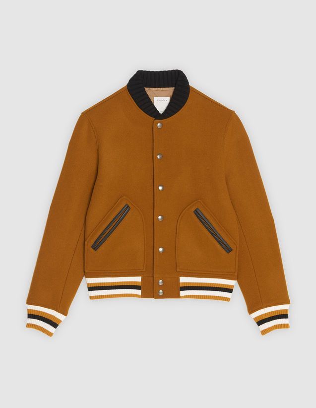 Sandro Paris Wool Blend Varsity Leather Trim Bomber in Ochre Grailed