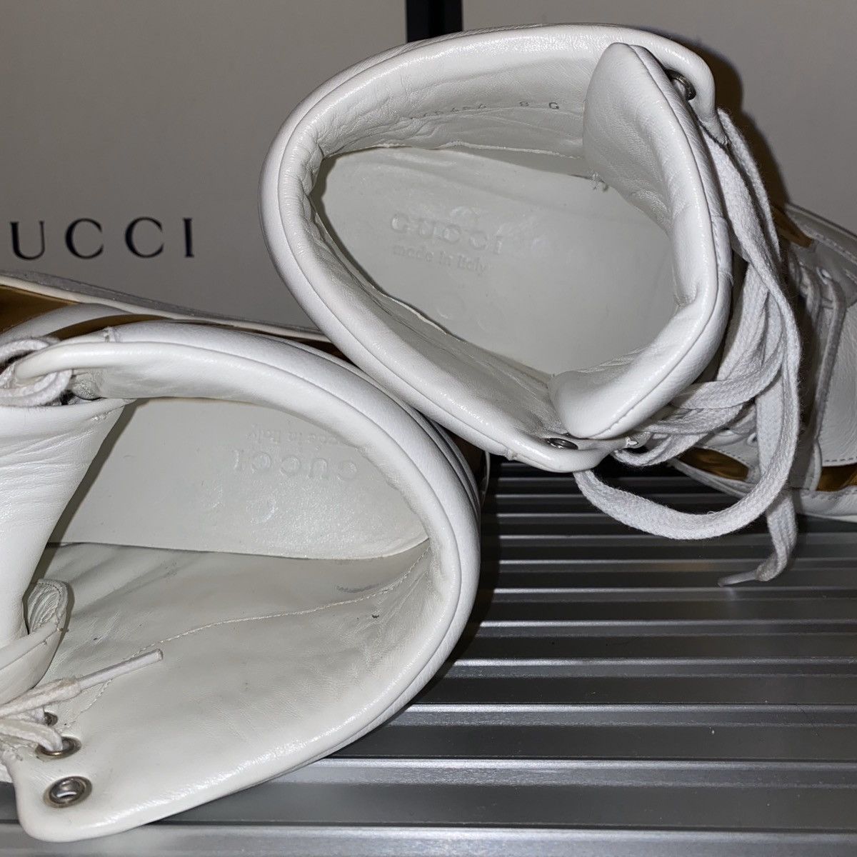 Gucci White Metallic Gold Padded Leather High Top Sneakers Size US 8 / EU 41 - 6 Thumbnail