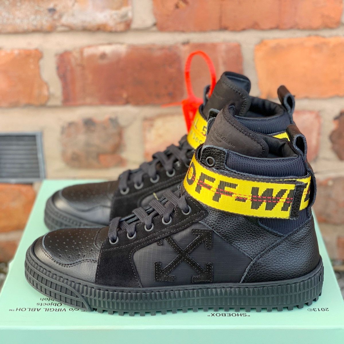 Off White Industrial Belt Hi Top Black Yellow Leather Sneakers Grailed