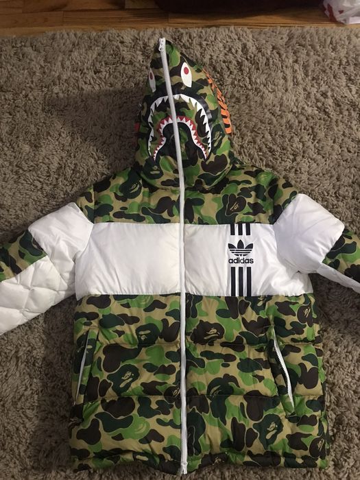 Bape x adidas abc camo firebird shark puffer jacket on sale green