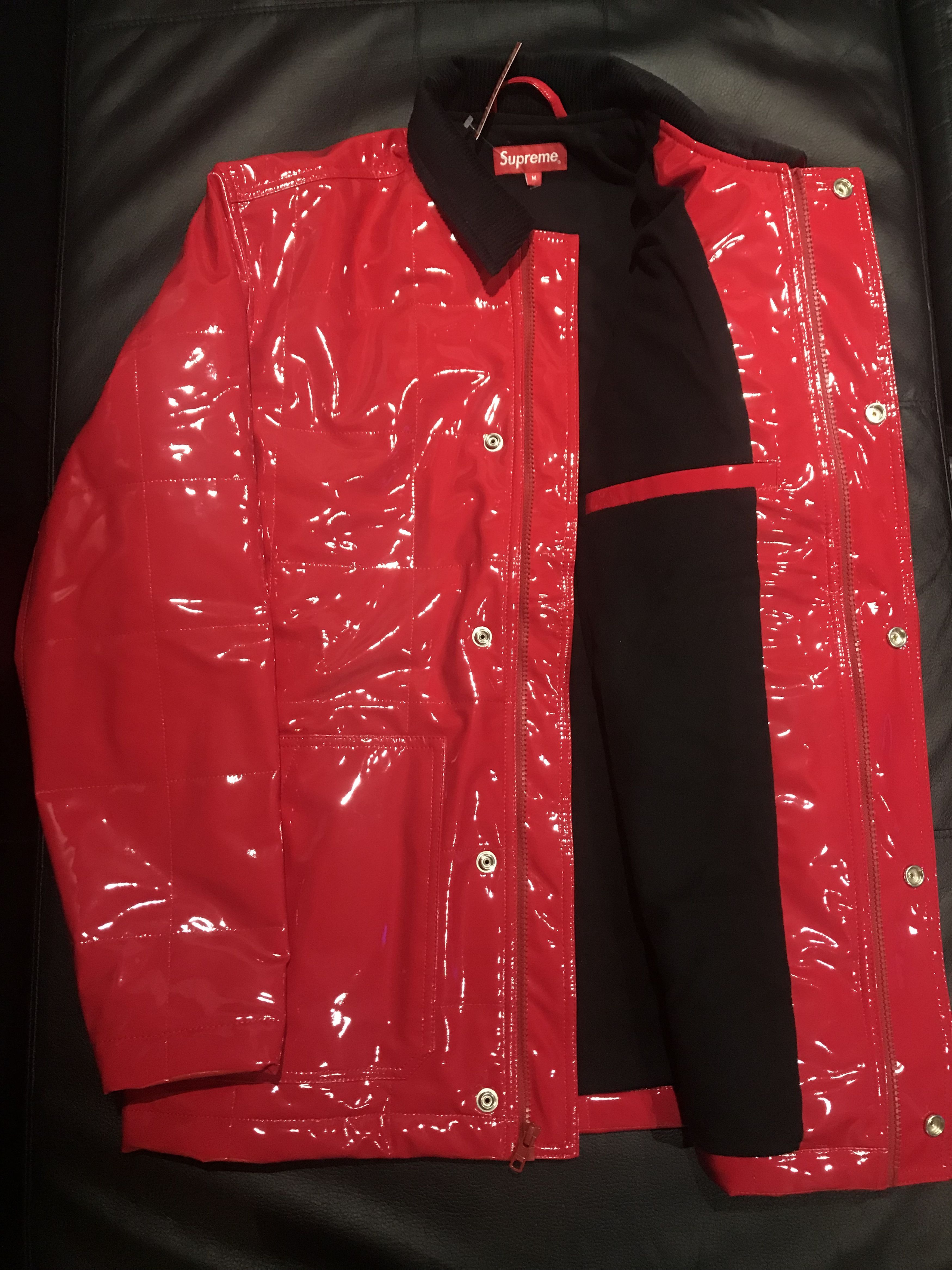 Supreme quilted patent outlet vinyl work jacket red