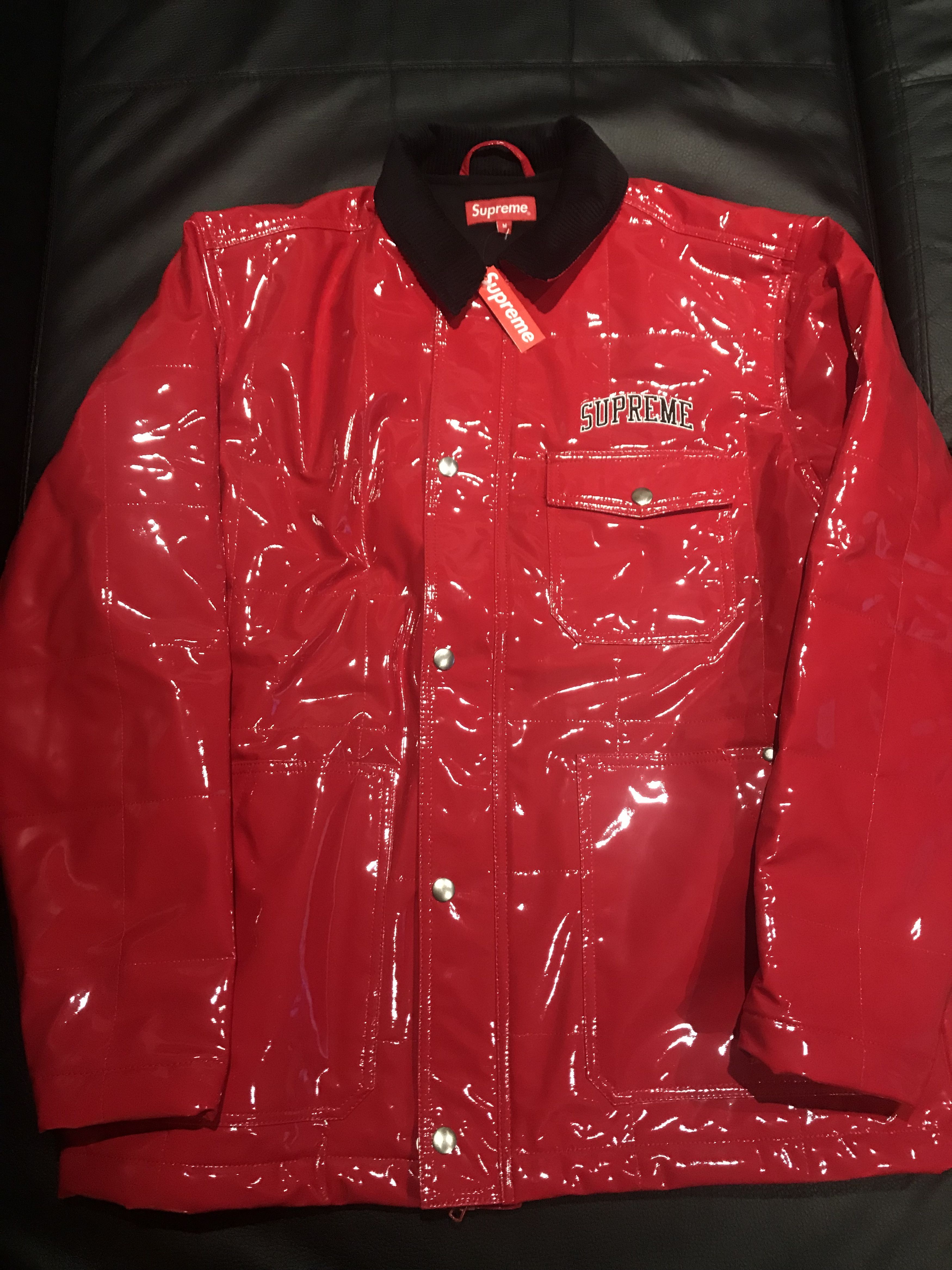 Supreme quilted patent vinyl work store jacket red