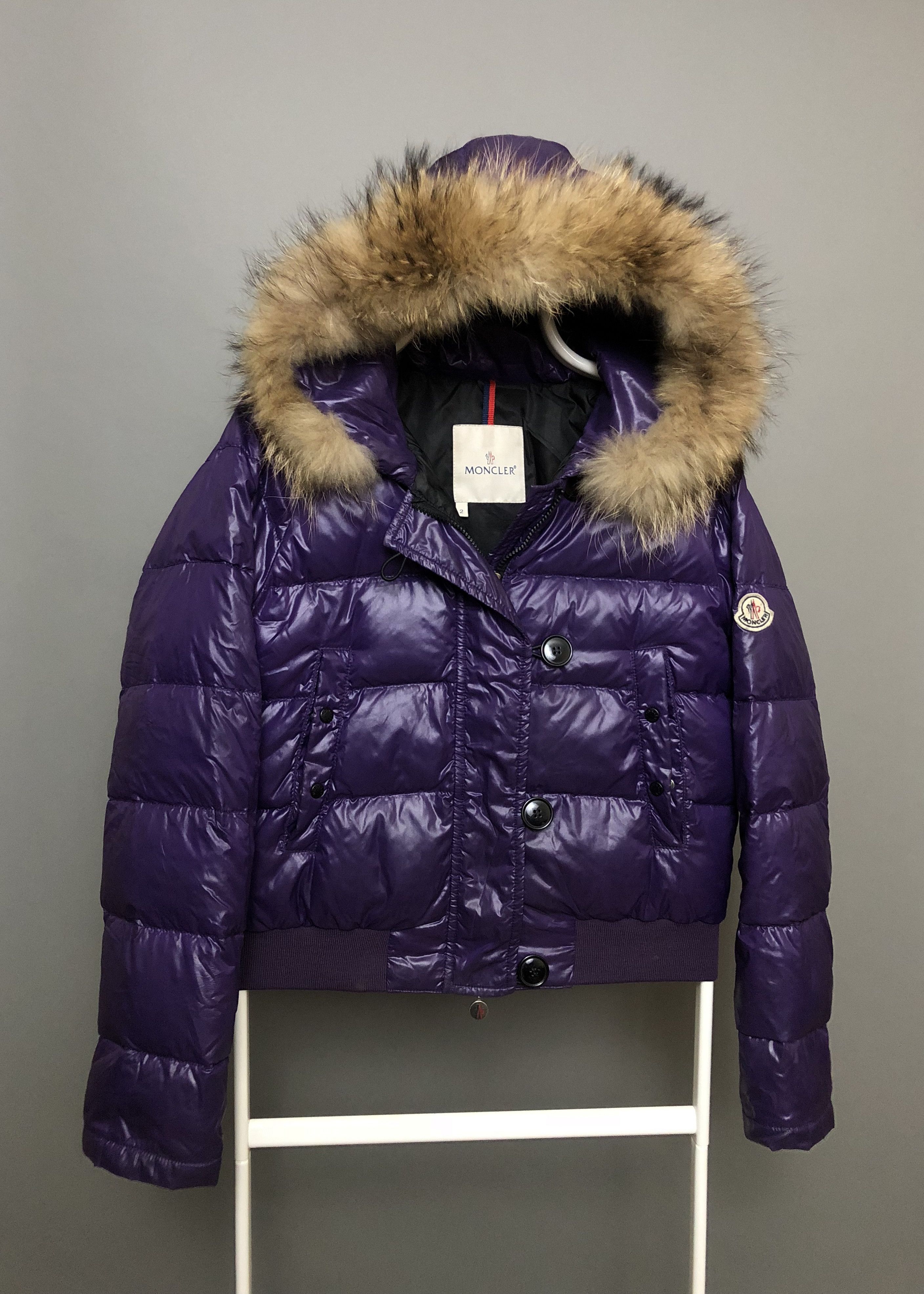 image of Moncler Down Jacket Wmns Puffer Hooded Size 2 Purple Logo, Men's