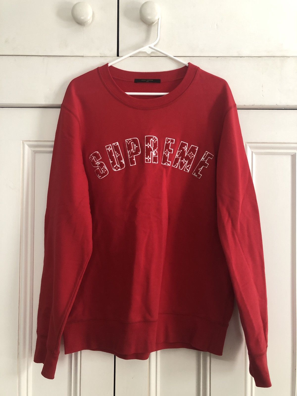 Louis Vuitton x Supreme LV x Supreme New Men's Large Red Monogram Arc Logo  Sweat For Sale at 1stDibs