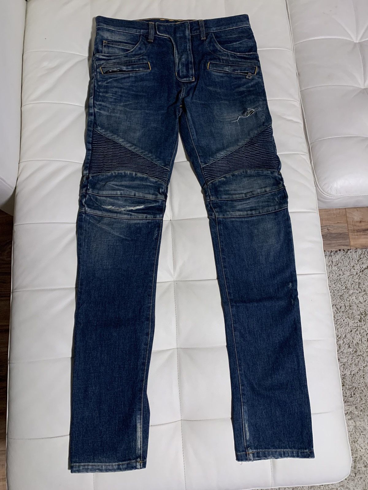 Balmain blue washed distressed slim biker jeans