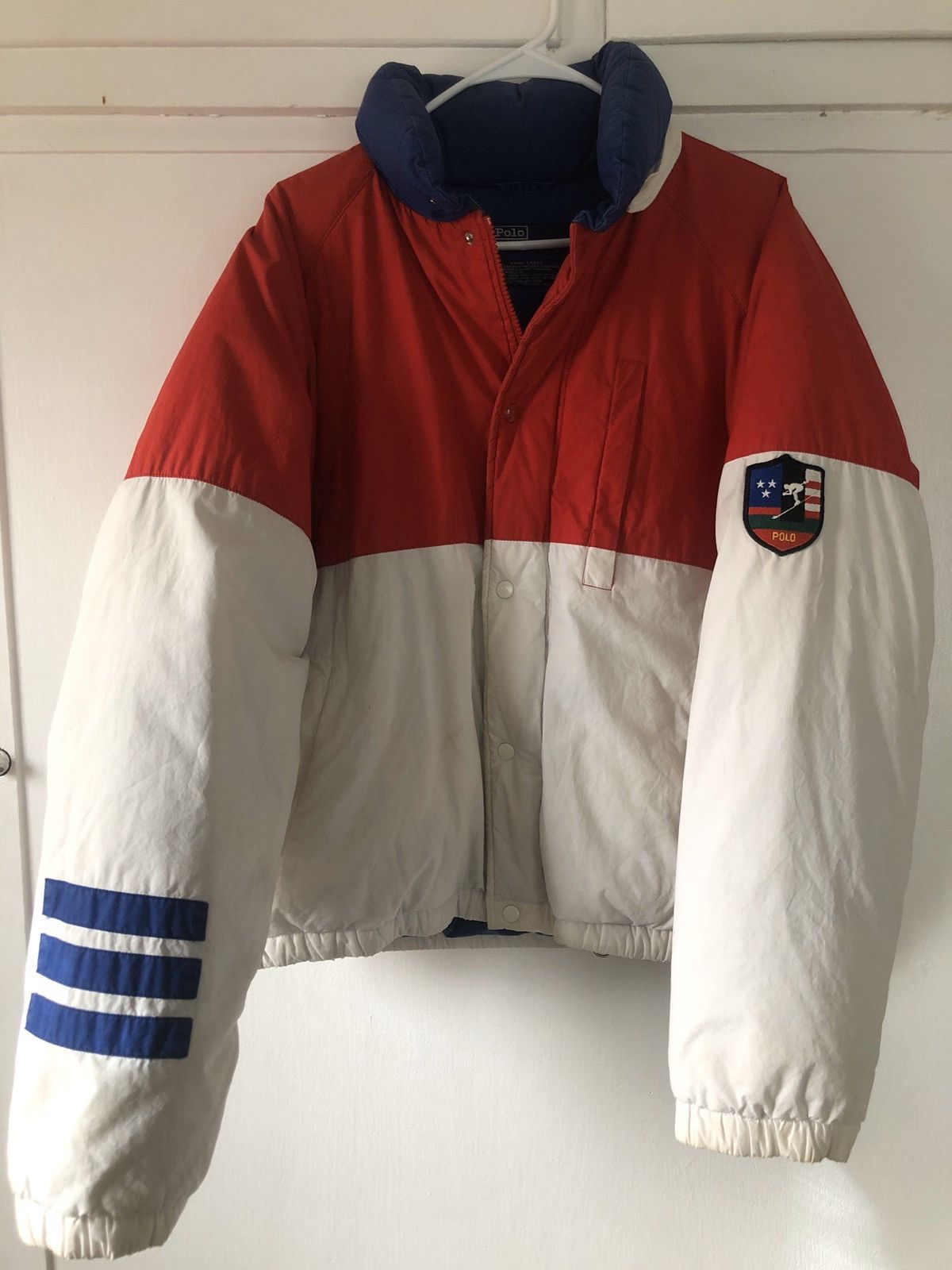 Vtg Polo Ralph Lauren Red BLUE sale Down Puffer Coat Men Sz S Skier w/ Hood