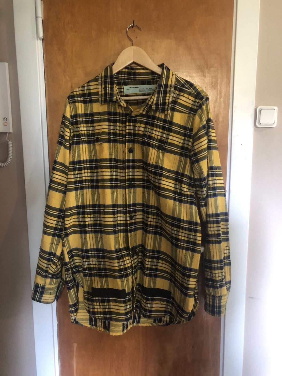 image of Off White Off-White Distressed Flannel (Yellow), Men's (Size Small)