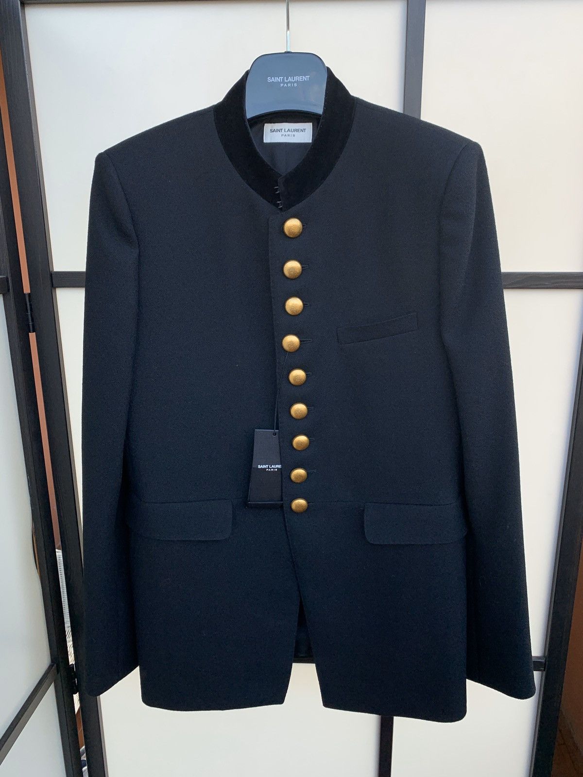 image of Saint Laurent Paris Fw16 Wool Crepe Officer Jacket 48 in Black, Men's (Size Medium)