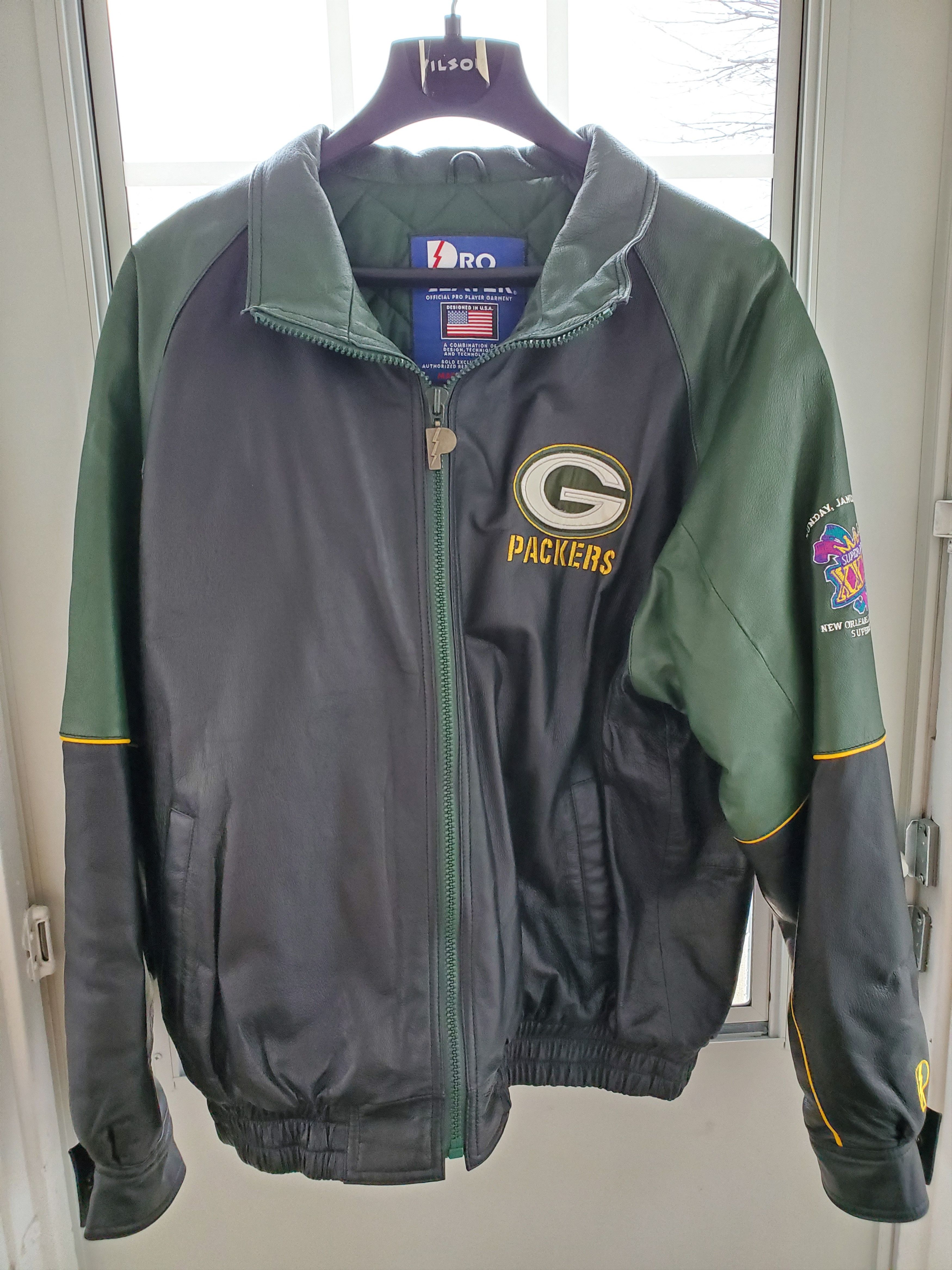 Vintage Green Bay Packers Leather Jacket Mens Size XL Pro Player