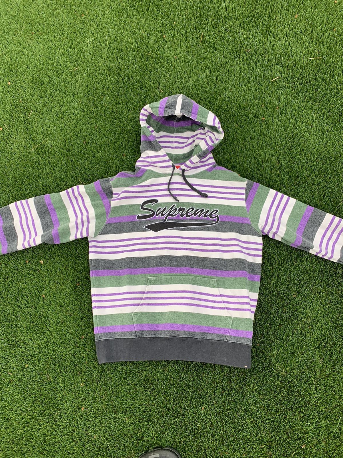 image of Supreme Striped Crewneck Hoodie in Purple/White/Green, Men's (Size Medium)