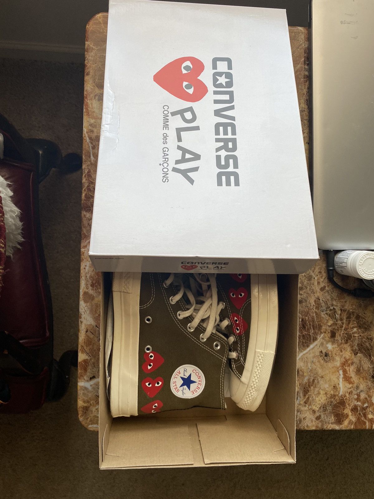 image of Comme Des Garcons Play X Chuck 70 High Top Multi Heart 2019 Shoes in Khaki, Men's (Size 10)