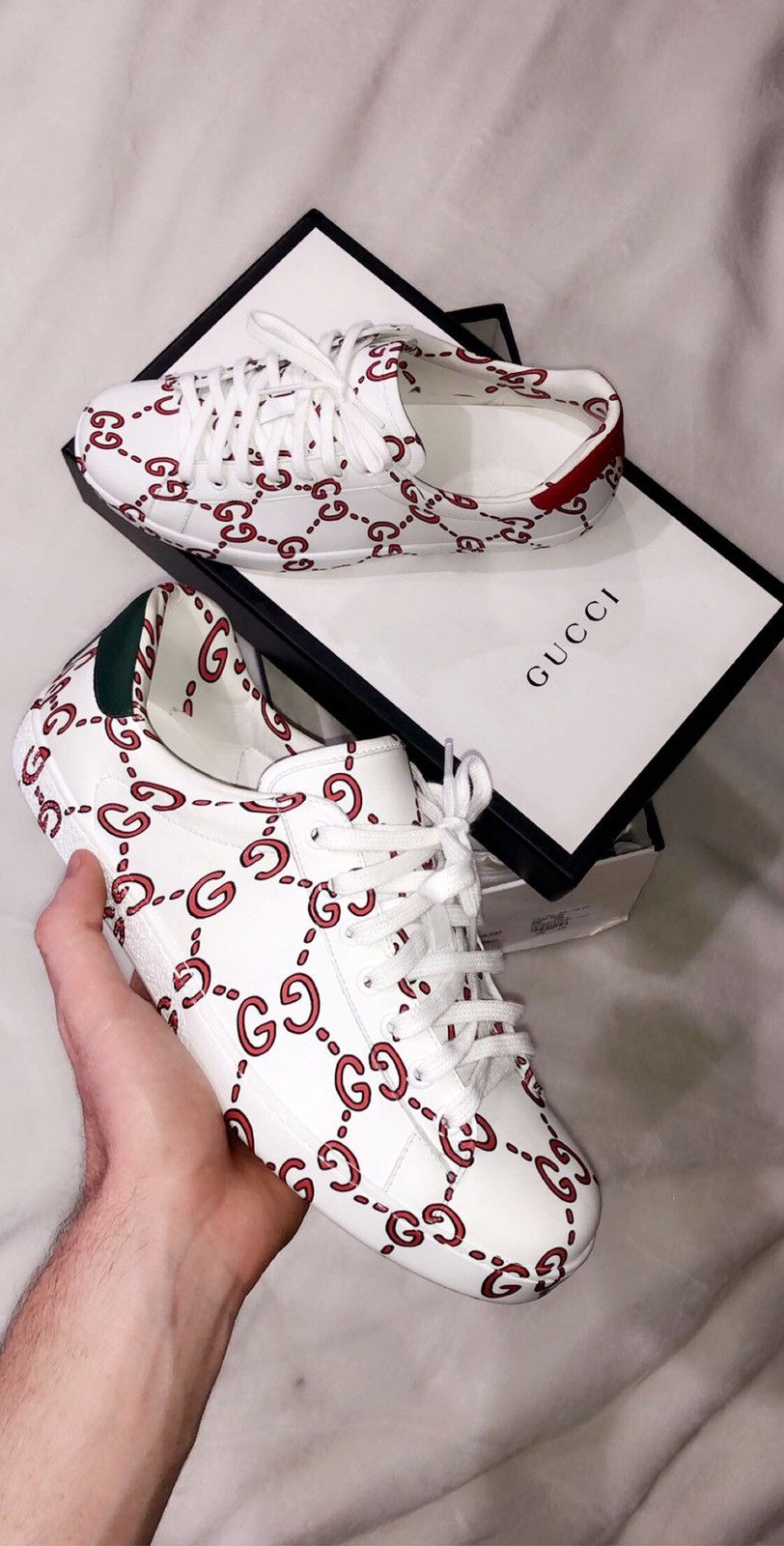 Gucci White Red Leather Ace GG Print Lace Up Sneakers Shoes Grailed