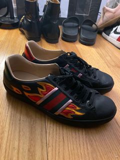 Gucci Ace Flame Black Leather Sneakers Men's 8.5 