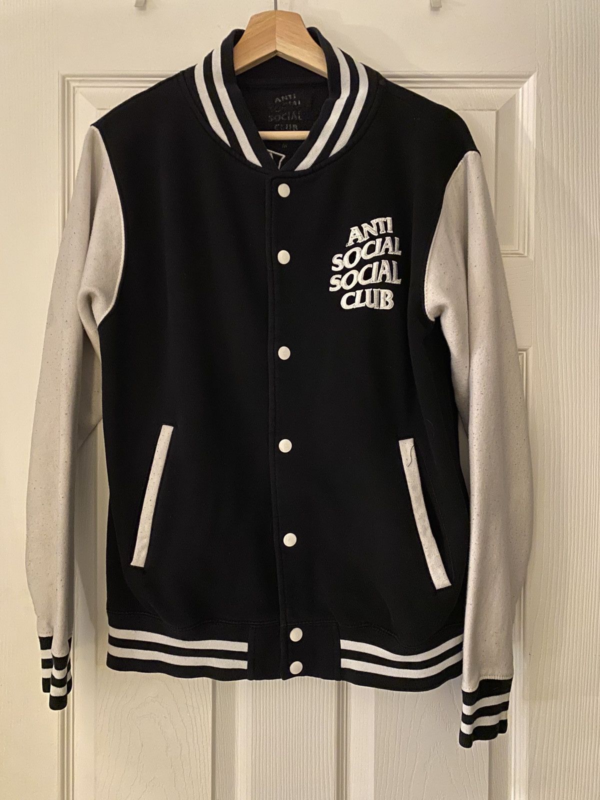 image of Anti Social Social Club Antisocial Social Club Dropout Letterman Jacket in Black/White (Size Medium