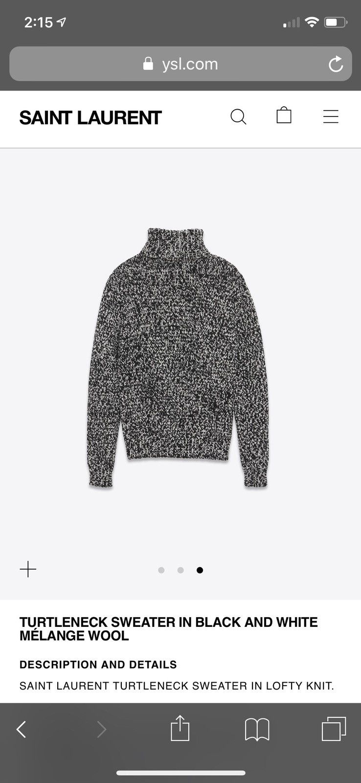 Saint Laurent Paris Black and White Mélange Wool Turtle Neck Sweater Size US S / EU 44-46 / 1 - 1 Thumbnail