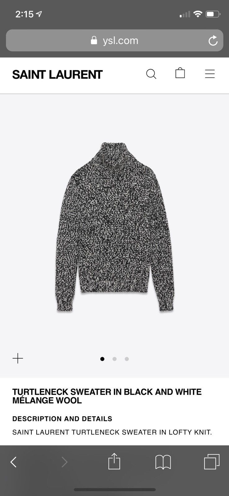 Saint Laurent Paris Black and White Mélange Wool Turtle Neck Sweater Size US S / EU 44-46 / 1 - 4 Thumbnail