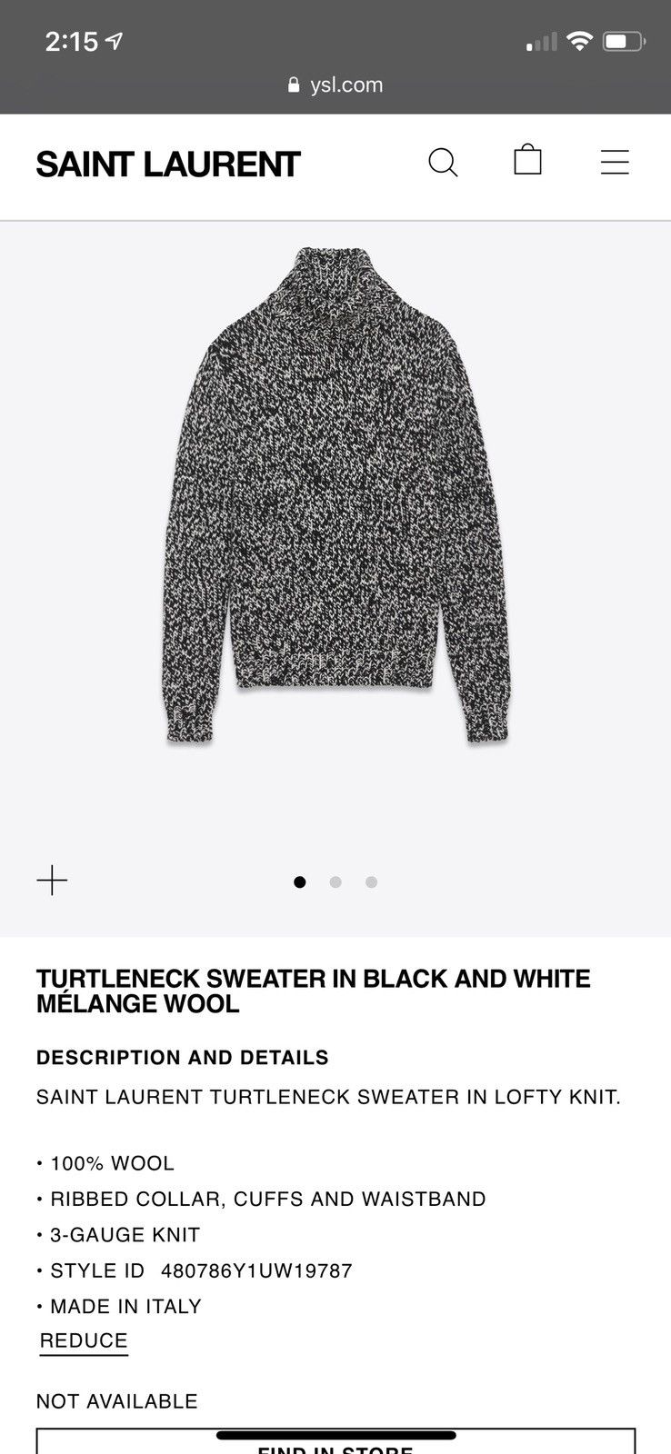 Saint Laurent Paris Black and White Mélange Wool Turtle Neck Sweater Size US S / EU 44-46 / 1 - 3 Thumbnail