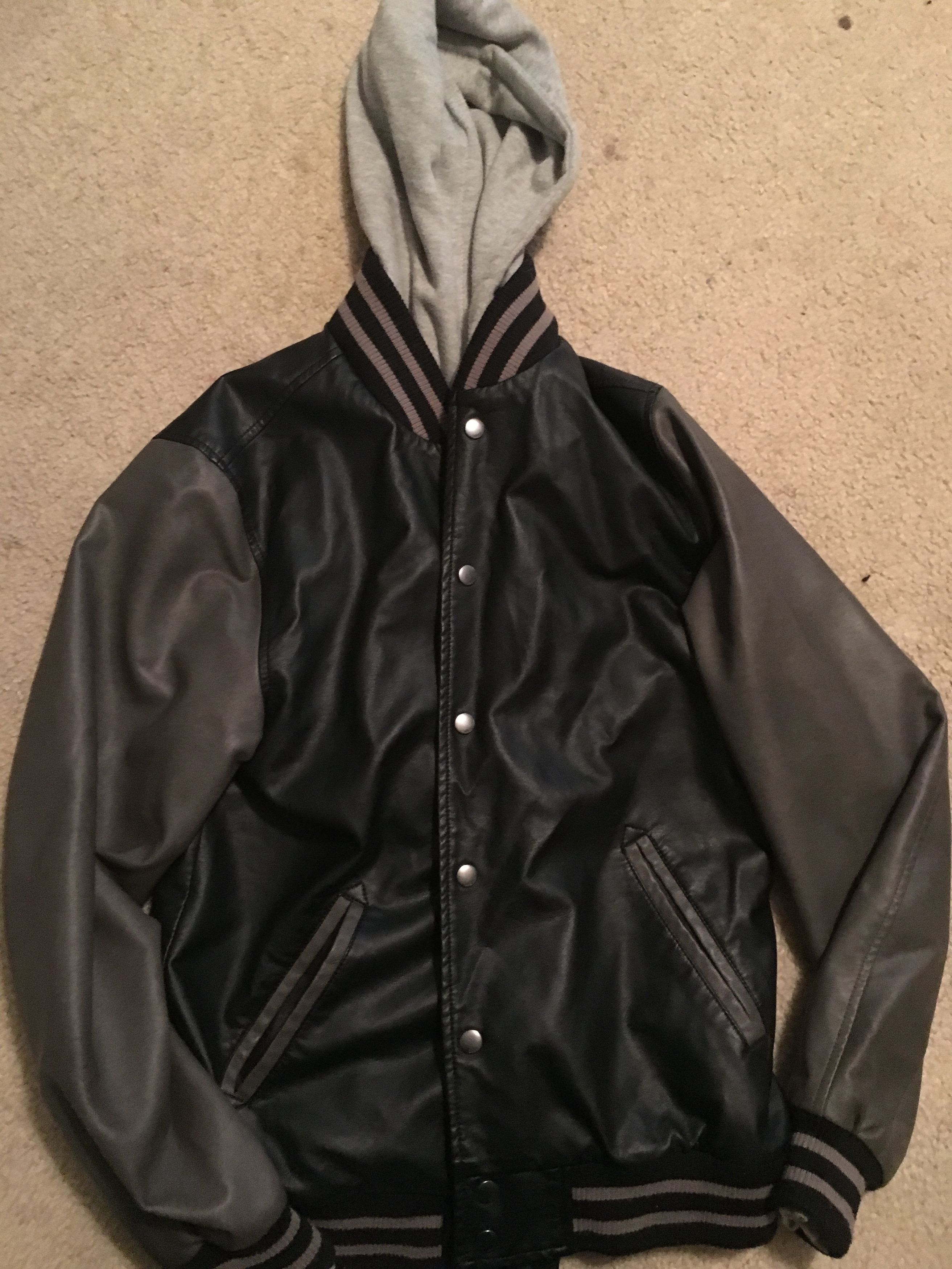 Obey black leather jacket with hooded on sale