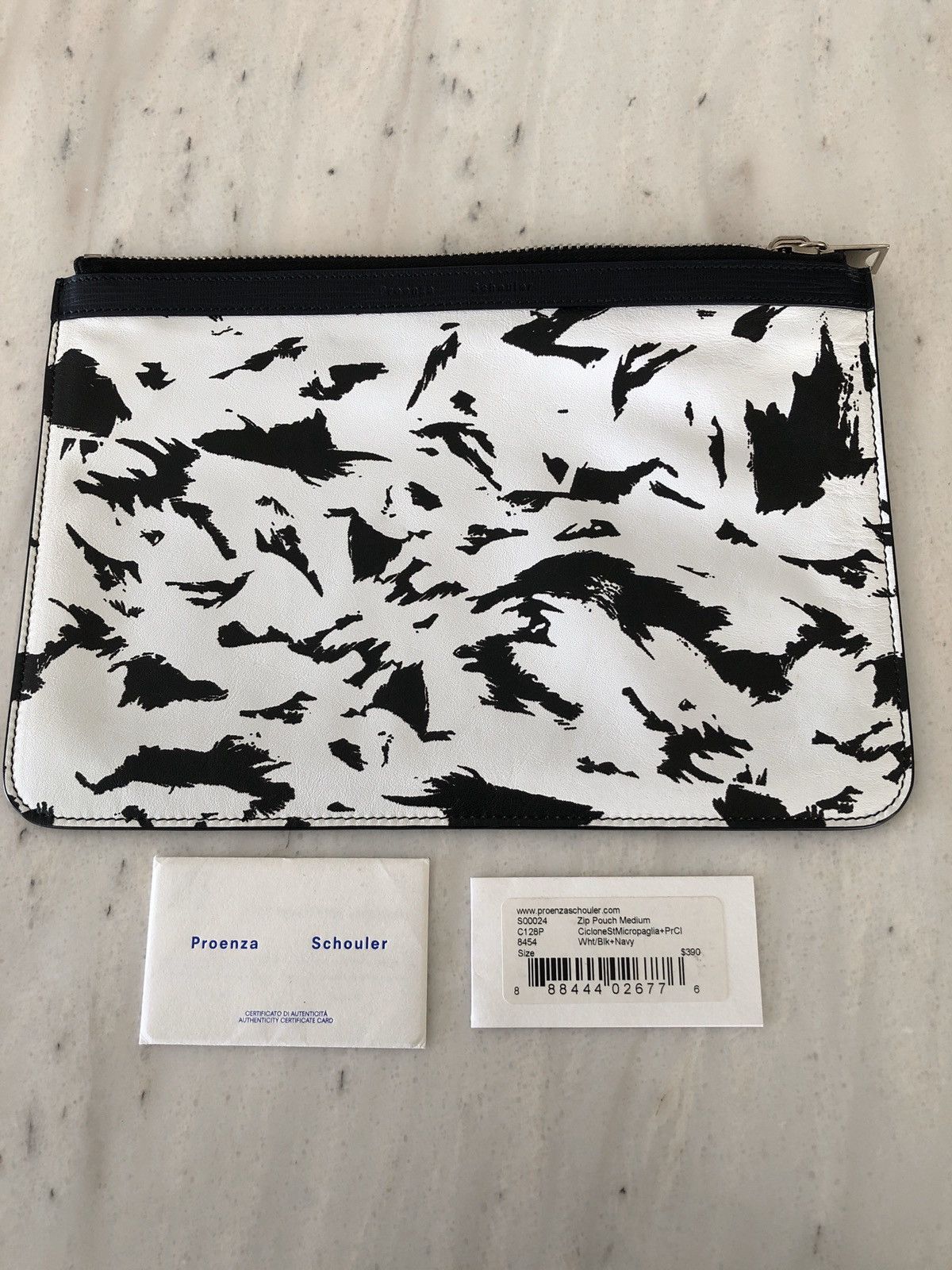 Proenza Schouler black white abstract leather zip pouch