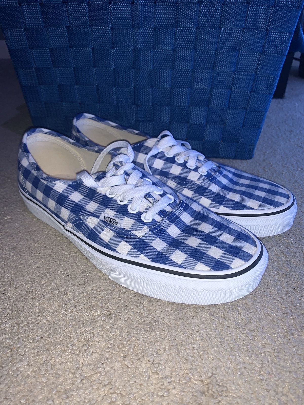 light blue and dark blue checkered vans