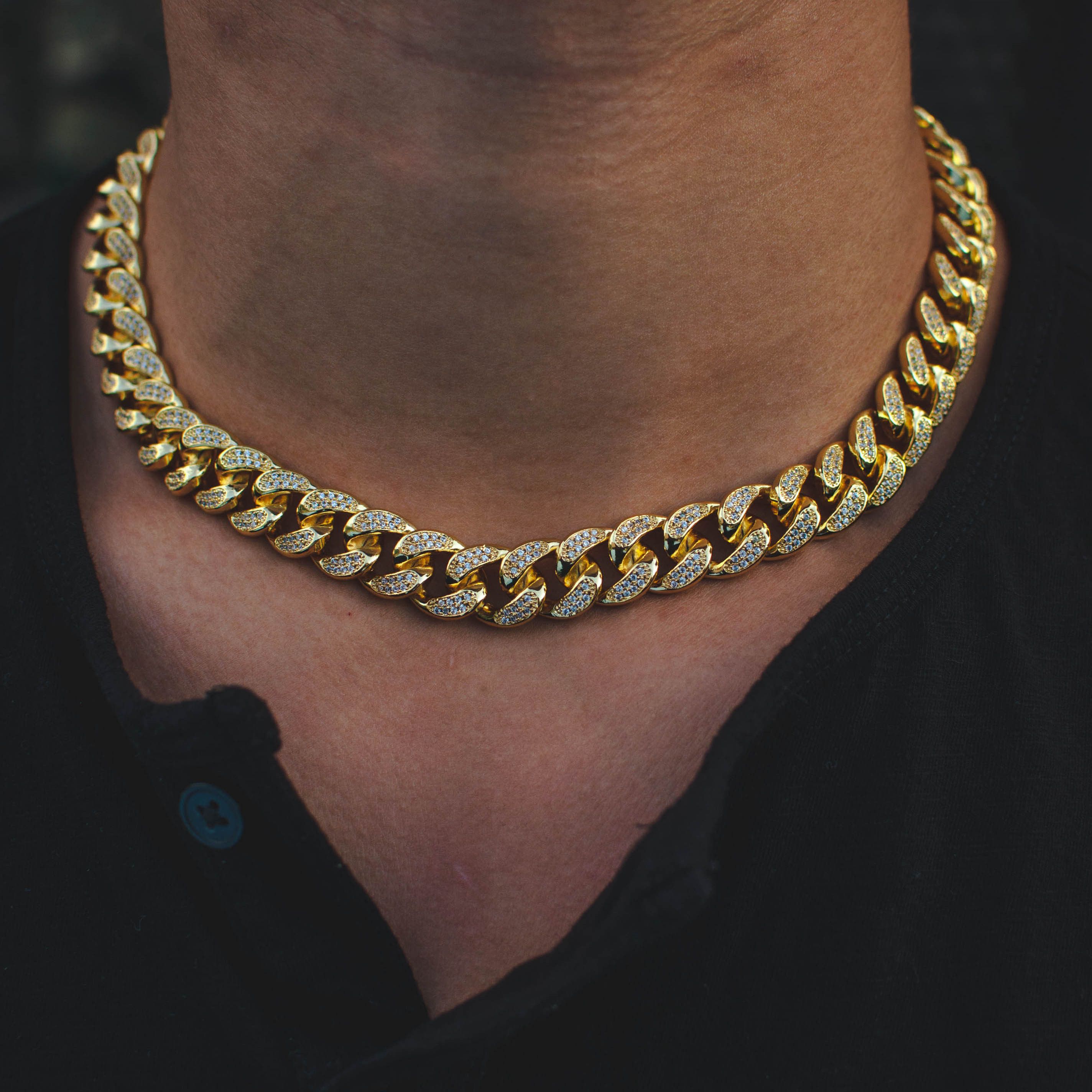 14k Yellow Gold Iced Out Diamond Cuban Link Choker Necklace