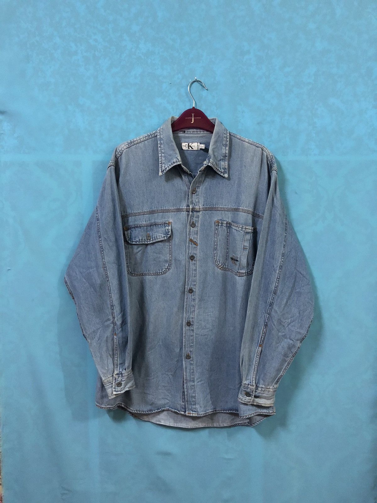 calvin klein jeans denim shirt button sewing logo large