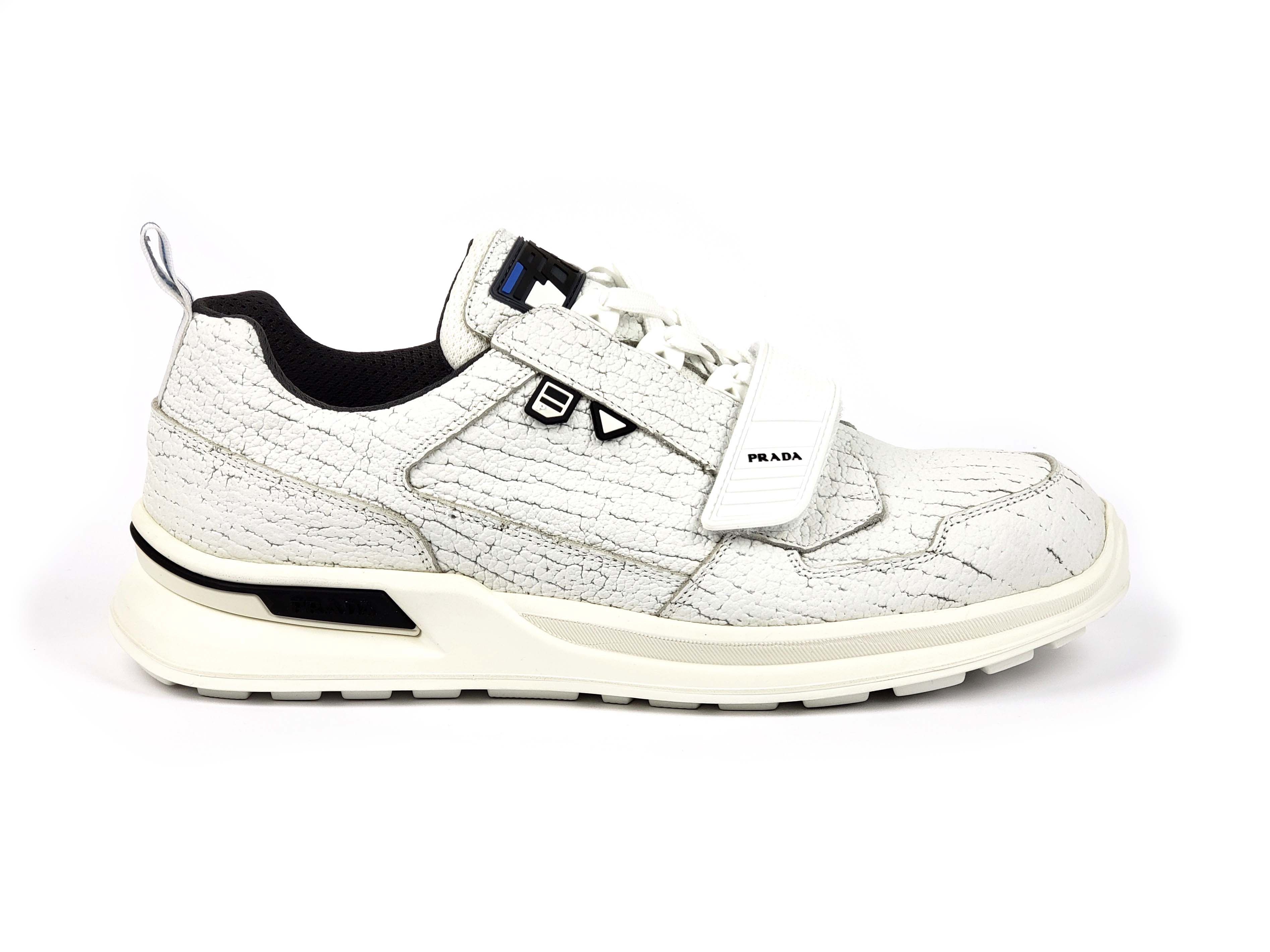 Prada F/w 2018 Runway White Cracked Leather Sneakers Shoes, Men's (Size 12.5)