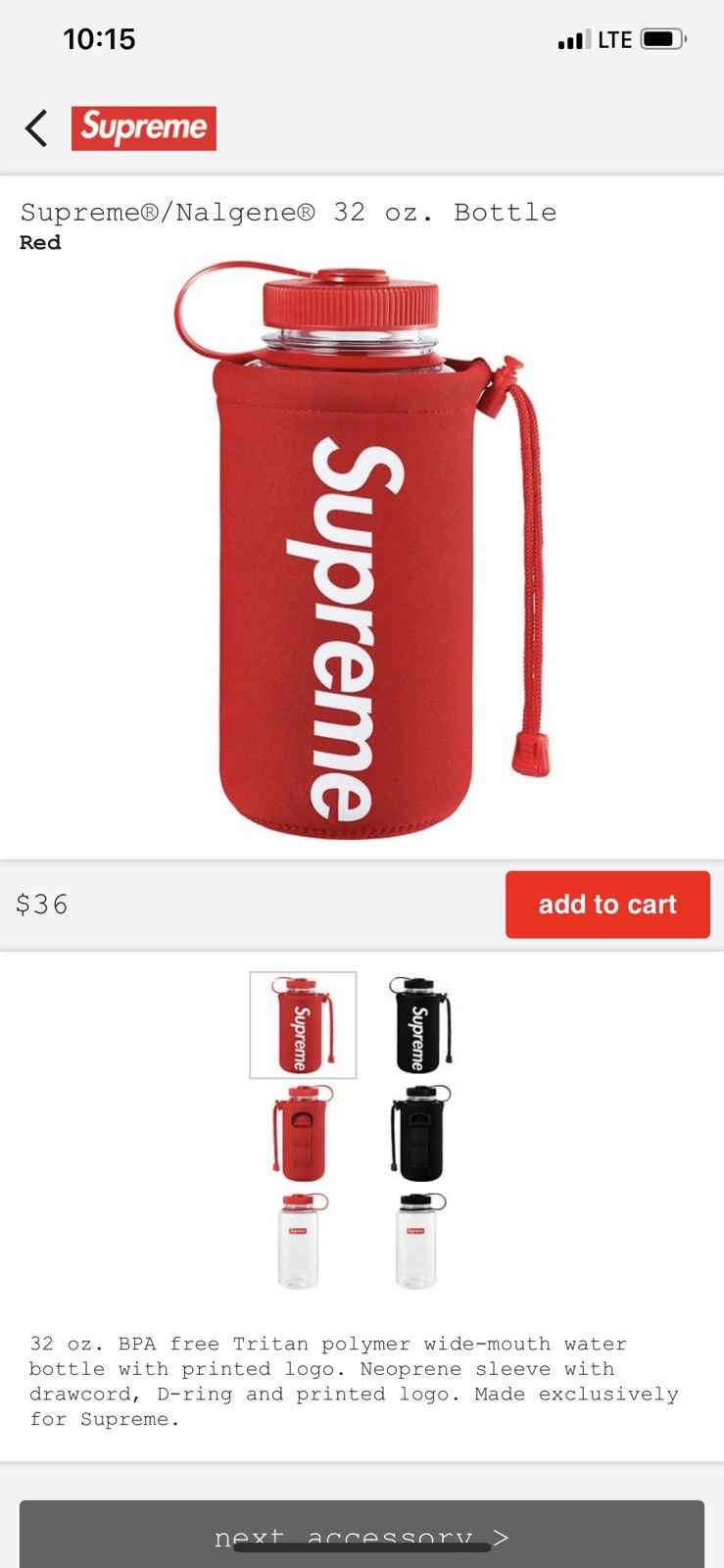 New Supreme Nalgene popular Red Water Bottle