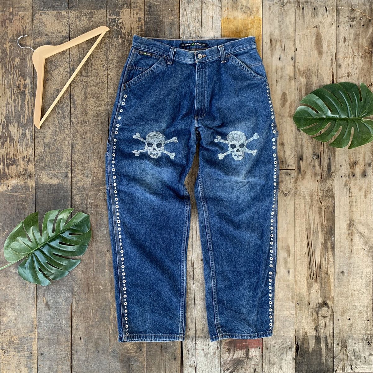Dkny denim jeans with skull bead