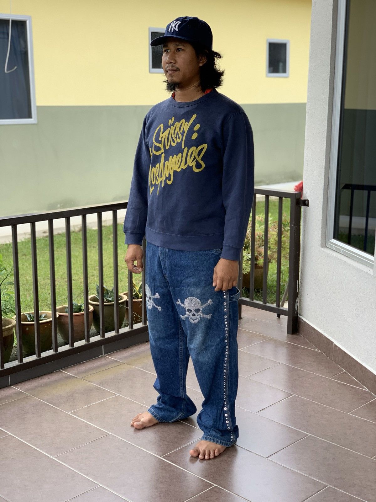 Dkny denim jeans with skull bead