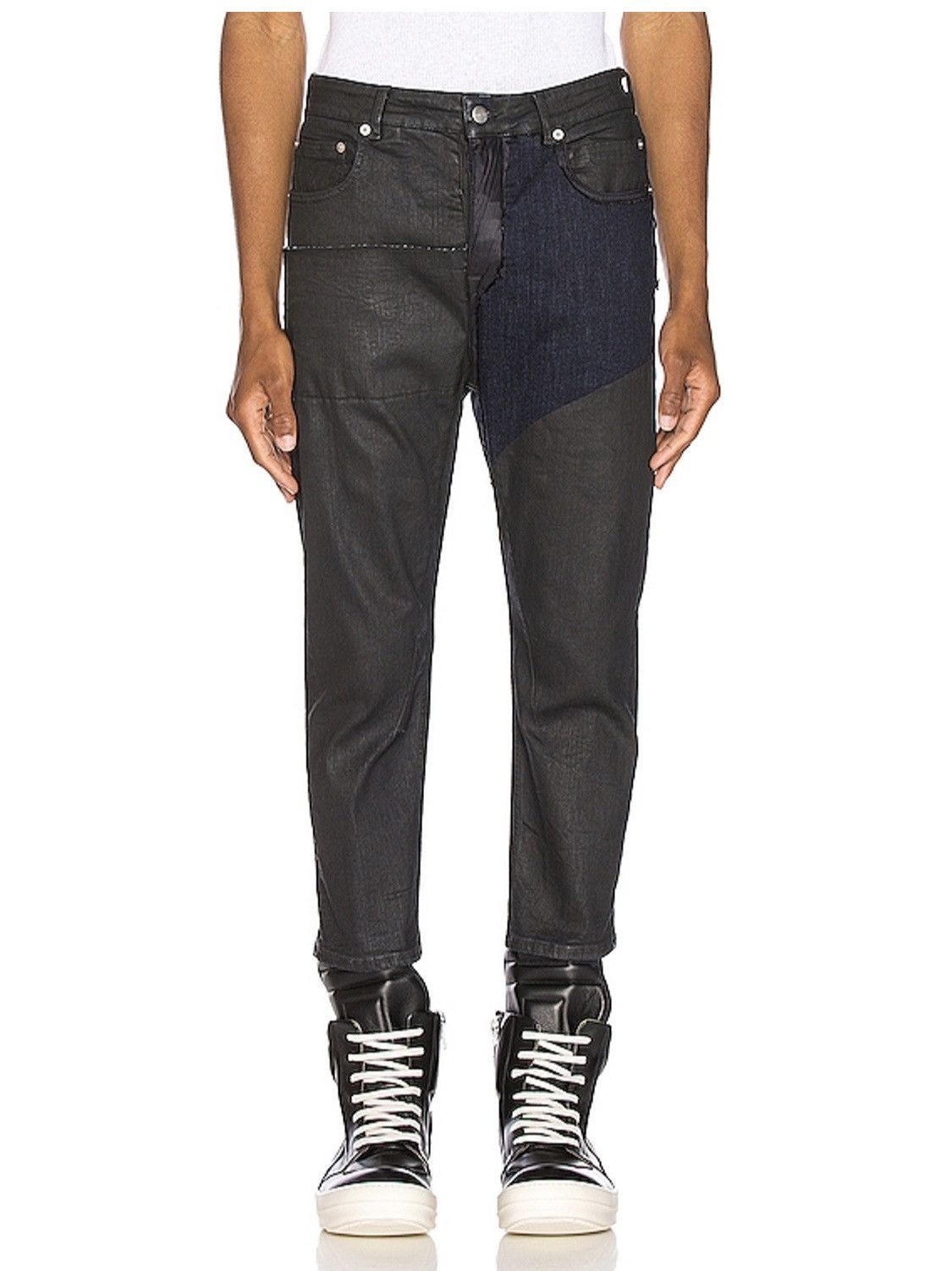 Rick Owens SS19 “Babel” Tyrone Patchwork Black Wax Cropped Jeans