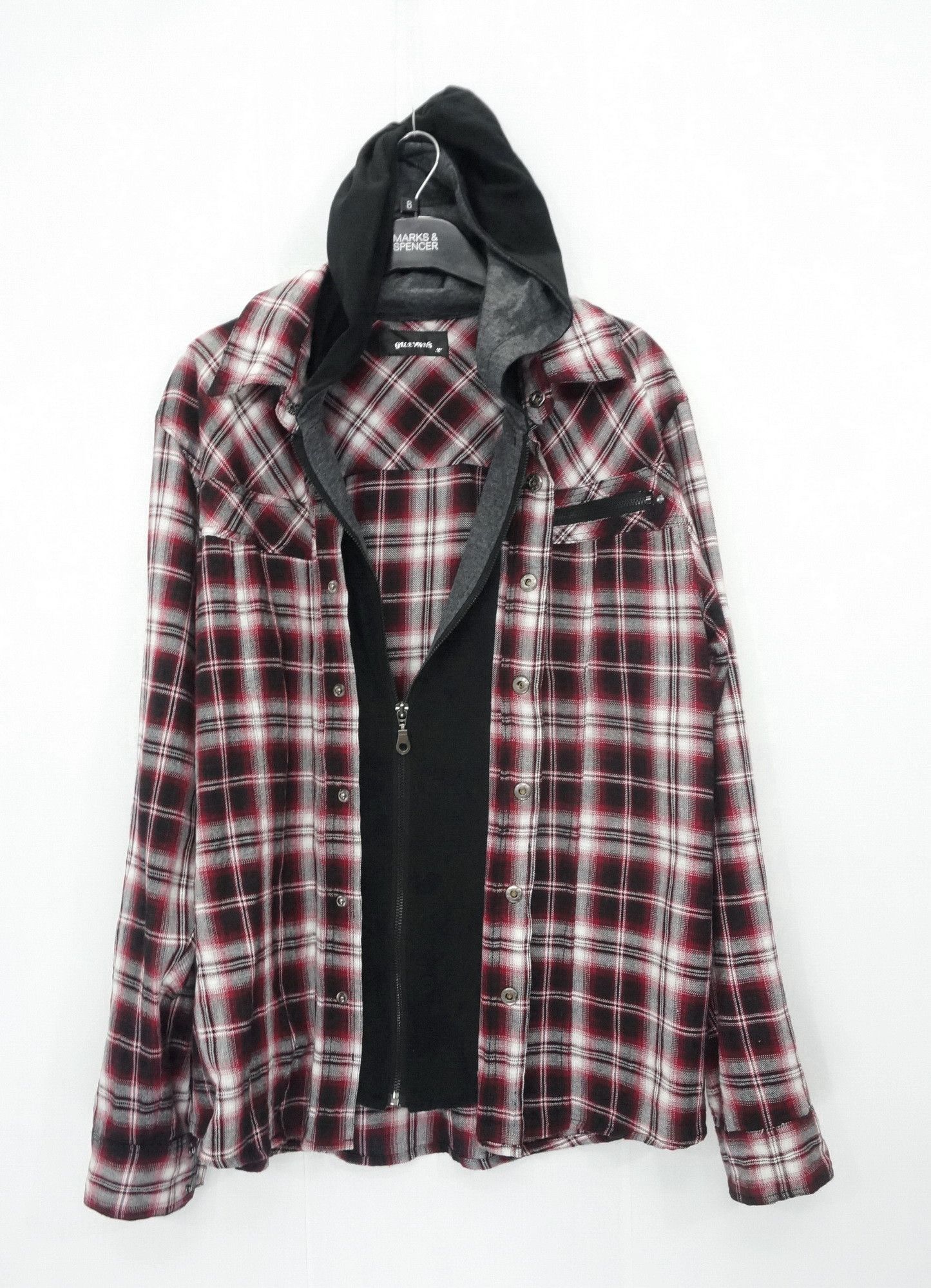 GILEVANS Shadow Plaid Zippered Hoodie Flannel Shirt