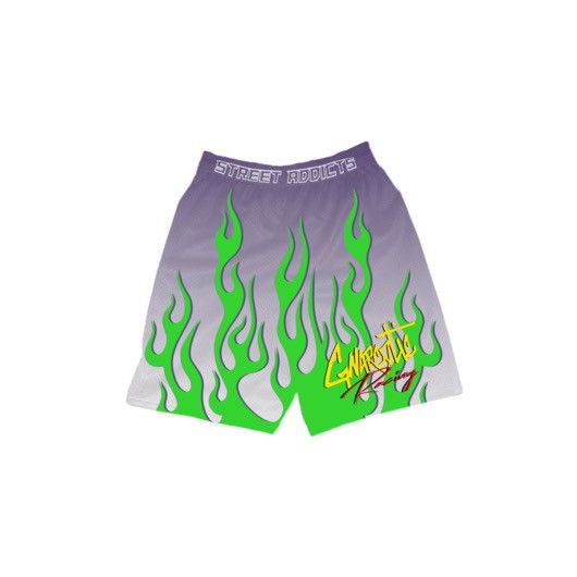 Gnarcotic × Half Evil × Ransom Clothing Gnarcotic Racing Green Flame Purple Shorts - Purple/Green MD Size US 32 / EU 48 - 3 Thumbnail