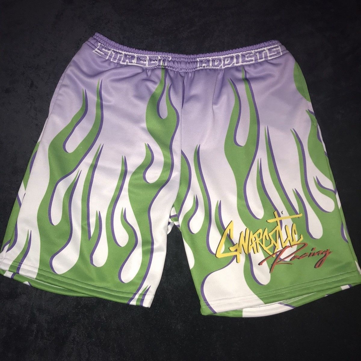Gnarcotic × Half Evil × Ransom Clothing Gnarcotic Racing Green Flame Purple Shorts - Purple/Green MD Size US 32 / EU 48 - 4 Thumbnail