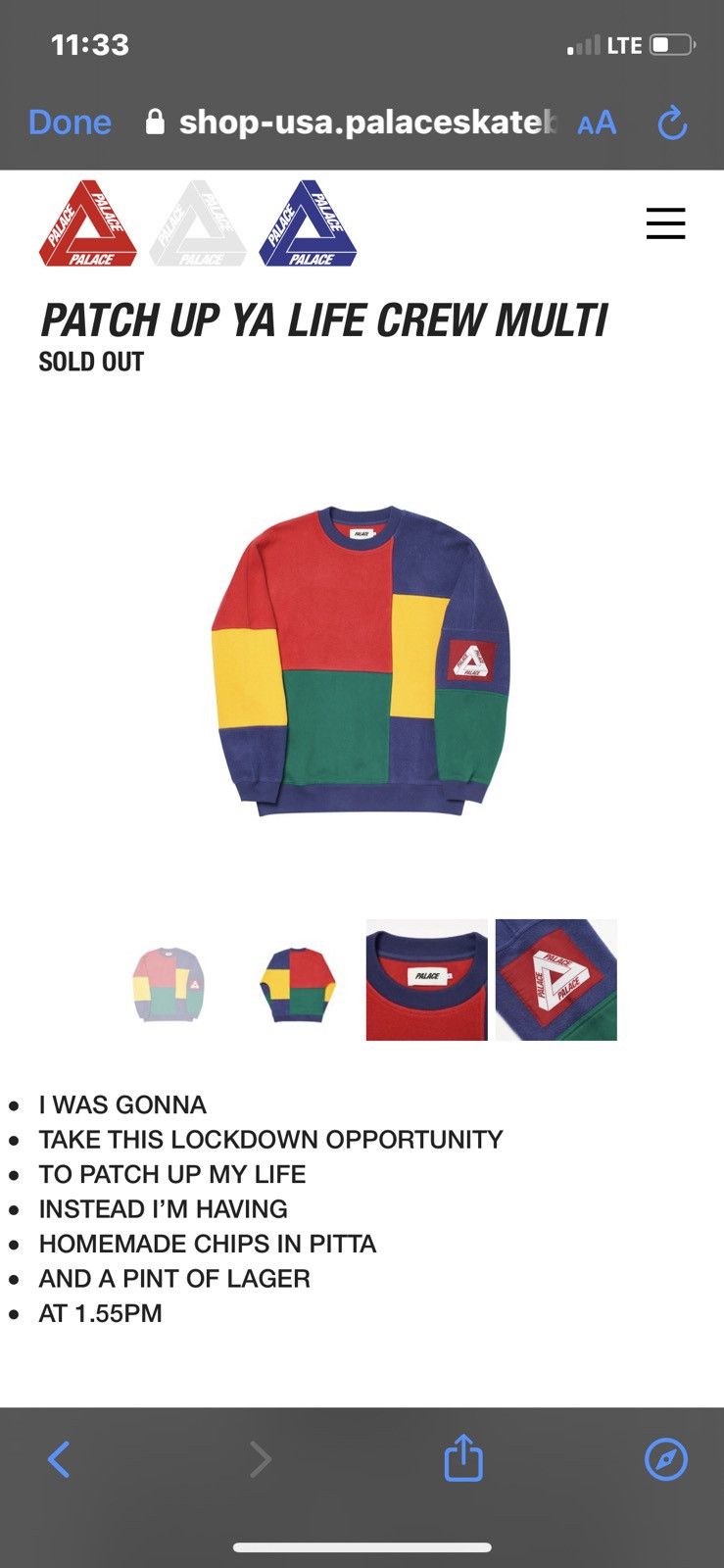 Palace PALACE SS20 PATCH UP YA LIFE CREW MULTI Crewneck Sweater  