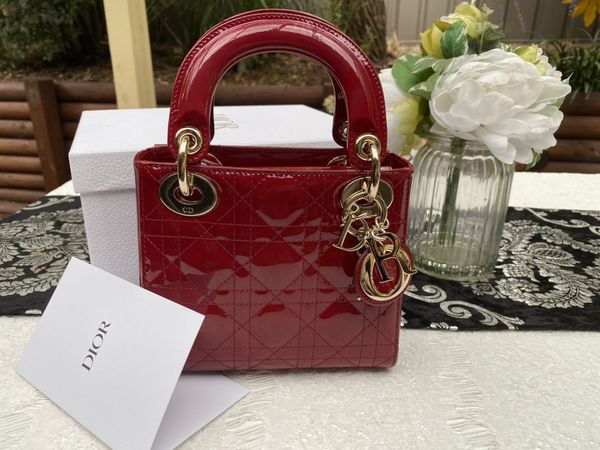 Dior CHERRY RED CANNAGE LADY DIOR MINI PATIENT CALFSKIN CHAIN BAG | Grailed