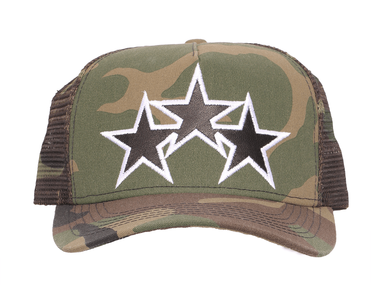 Amiri AMIRI LEATHER STAR PATCH CAMO TRUCKER HAT | Grailed