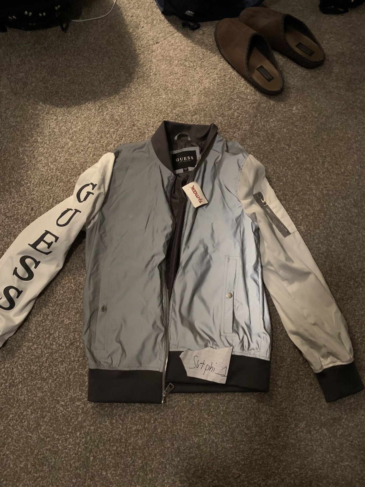 Guess Guess reflective bomber jacket gray Grailed