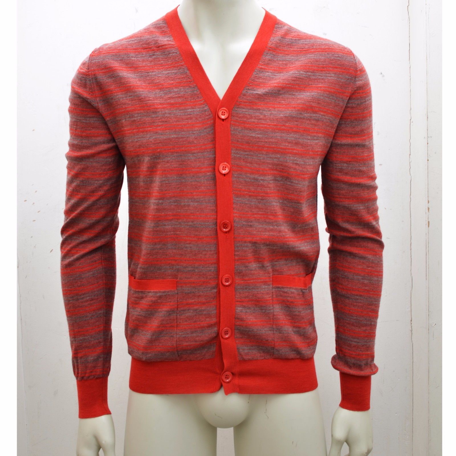 Dior Homme Red & Grey Striped Wool Cardigan Jumper
